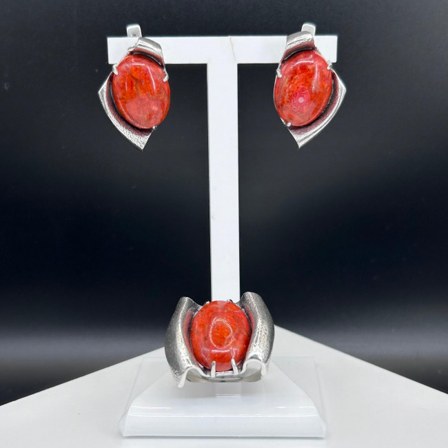 Серьги с10019 (14.98 г), серебро, красный, коралл губч. купить в интернет-магазине Циркон С