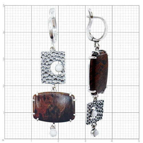 Серьги с10027 (12.02 г), серебро,  Белый, Черно-коричневый Кахолонг (Имит), Обсидиан купить в интернет-магазине Циркон С