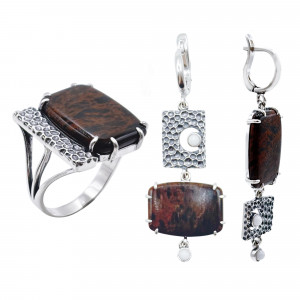 Серьги с10027 (12.02 г), серебро,  Белый, Черно-коричневый Кахолонг (Имит), Обсидиан купить в интернет-магазине Циркон С