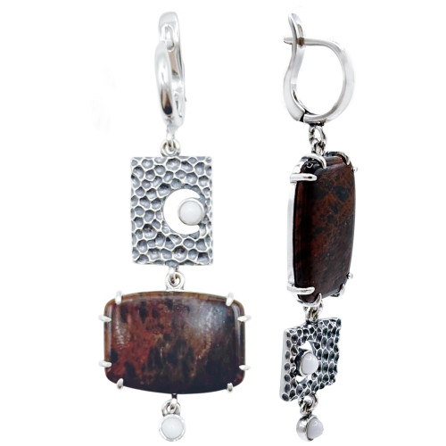 Серьги с10027 (12.02 г), серебро,  Белый, Черно-коричневый Кахолонг (Имит), Обсидиан купить в интернет-магазине Циркон С