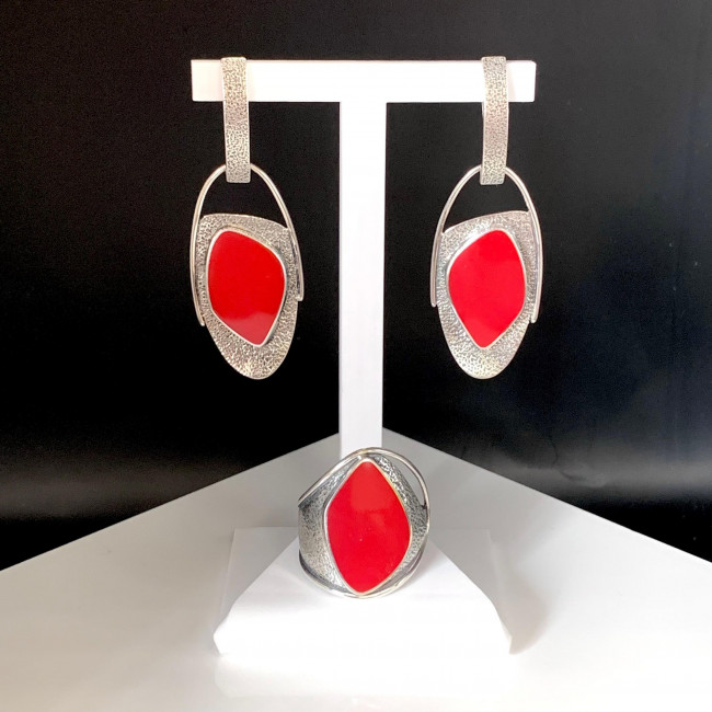 Серьги с10029 (16.61 г), серебро, красный, коралл (имит) купить в интернет-магазине Циркон С