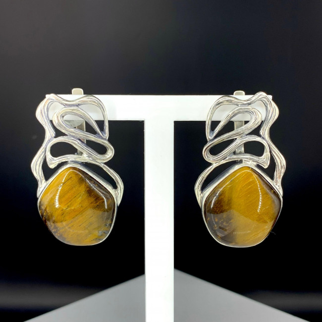 Серьги с10039 (21.80 г), серебро, золотисто-коричневый, тигровый глаз купить в интернет-магазине Циркон С