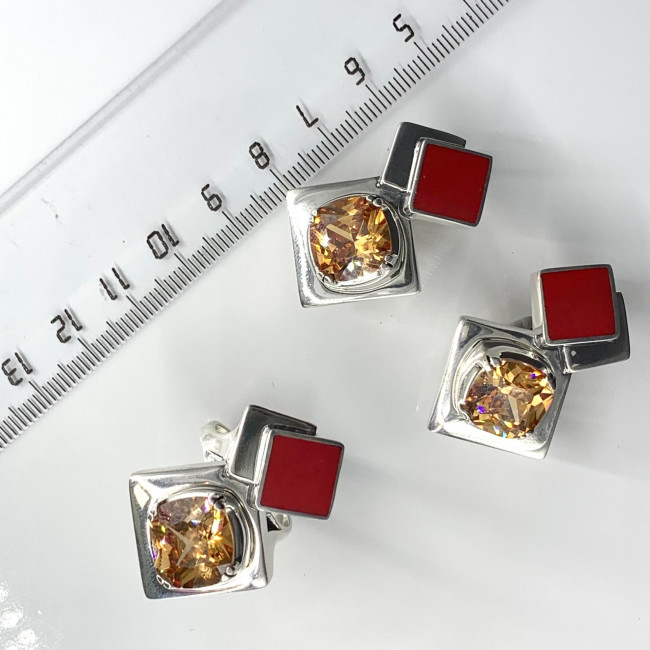 Серьги с10044 (26.12 г), серебро, красный, оранжевый, коралл (имит), фианит купить в интернет-магазине Циркон С