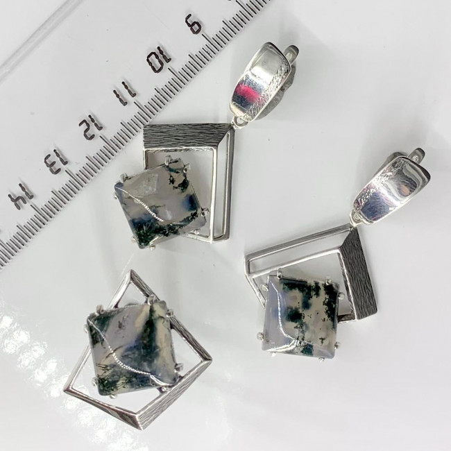 Серьги с10051 (13.86 г), серебро, зеленый, агат моховой купить в интернет-магазине Циркон С