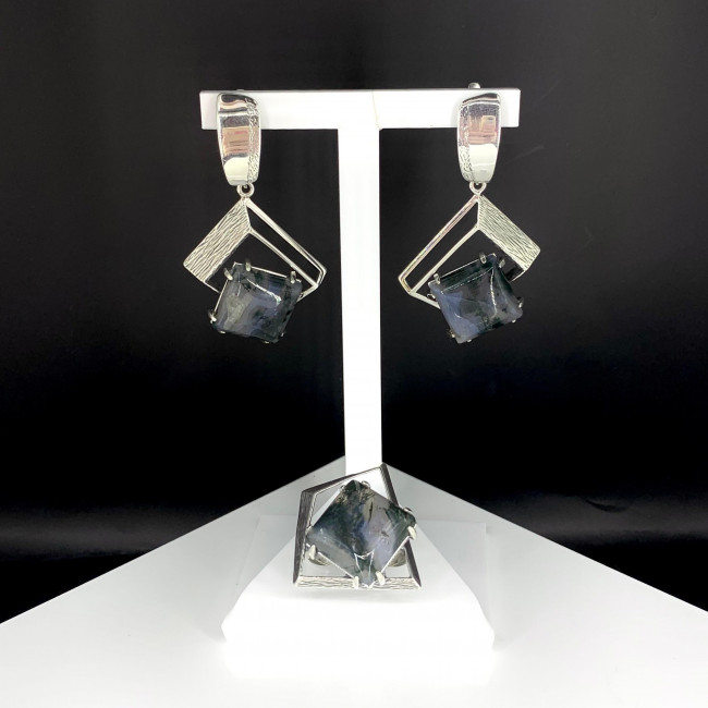 Серьги с10051 (13.86 г), серебро, зеленый, агат моховой купить в интернет-магазине Циркон С