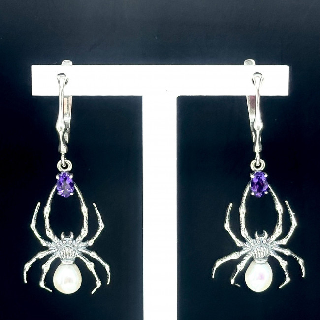 Серьги с10067 (9.59 г), серебро, фиолетовый, белый, аметист, жемчуг культ. купить в интернет-магазине Циркон С