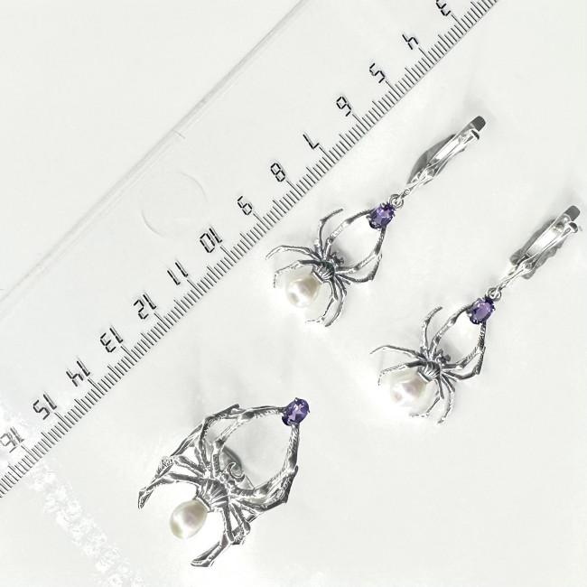 Серьги с10067 (9.59 г), серебро, фиолетовый, белый, аметист, жемчуг культ. купить в интернет-магазине Циркон С