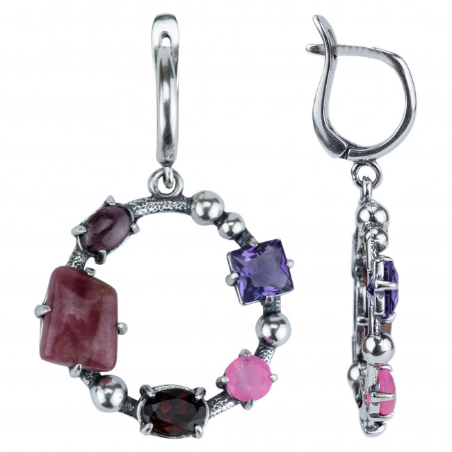 Серьги с10077 (11.80 г), серебро, фиолетовый, красный, розовый, бордовый, аметист, гранат, опал, родолит, родонит купить в интернет-магазине Циркон С