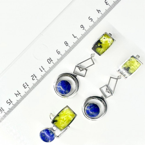 Серьги с10082 (18.85 г), серебро,  Синий, Зелено-желто-черный Лазурит, Лизардит купить в интернет-магазине Циркон С
