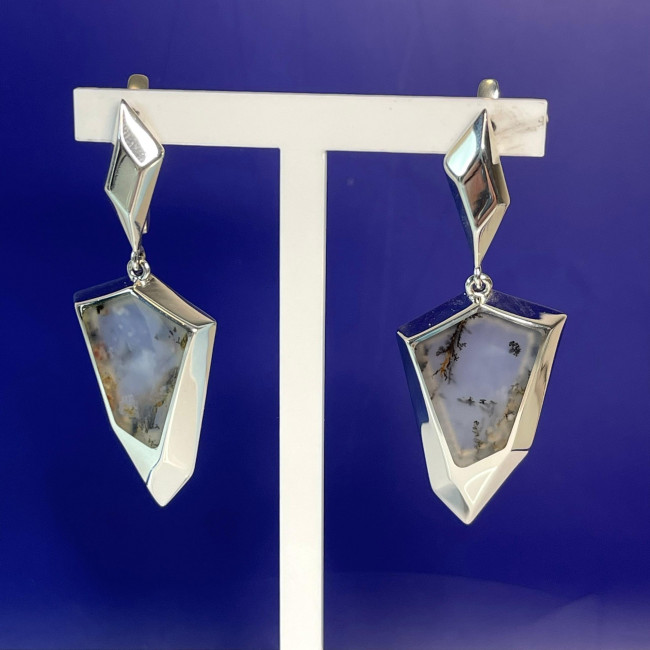 Серьги с10101 (13.80 г), серебро, молочно-рыже-черный, агат моховой купить в интернет-магазине Циркон С