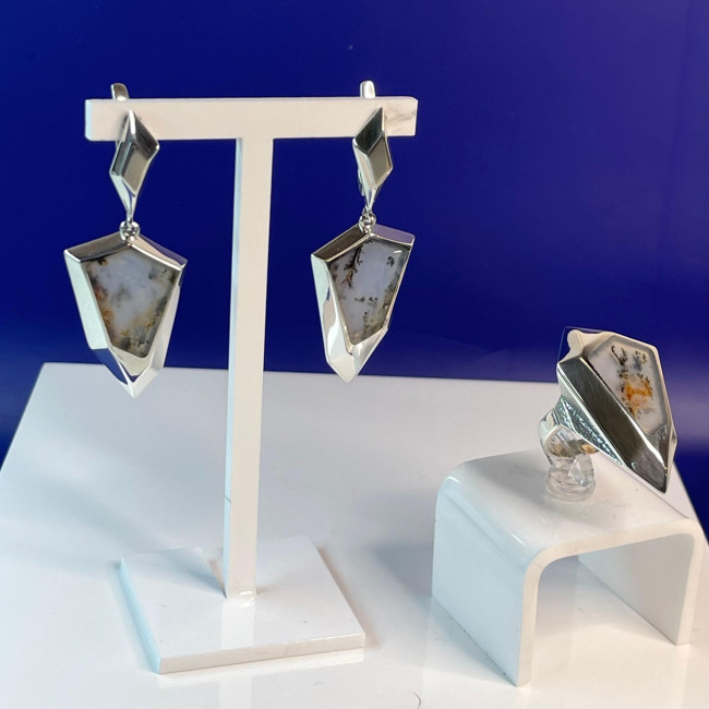 Серьги с10101 (13.80 г), серебро, молочно-рыже-черный, агат моховой купить в интернет-магазине Циркон С