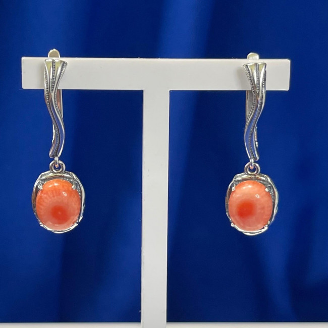 Серьги с10109 (9.61 г), серебро, лососевый, коралл купить в интернет-магазине Циркон С