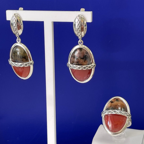 Серьги с10114 (15.65 г), серебро,  Коричневый Агат Моховой, Сердолик купить в интернет-магазине Циркон С