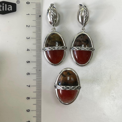 Серьги с10114 (15.65 г), серебро,  Коричневый Агат Моховой, Сердолик купить в интернет-магазине Циркон С