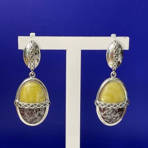Серьги с10114 (15.72 г), серебро,  Зелено-желтый, Коричневый Лизардит, Яшма купить в интернет-магазине Циркон С
