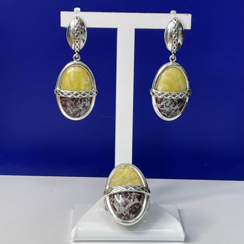 Серьги с10114 (15.72 г), серебро,  Зелено-желтый, Коричневый Лизардит, Яшма купить в интернет-магазине Циркон С