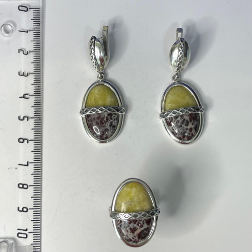 Серьги с10114 (15.72 г), серебро,  Зелено-желтый, Коричневый Лизардит, Яшма купить в интернет-магазине Циркон С