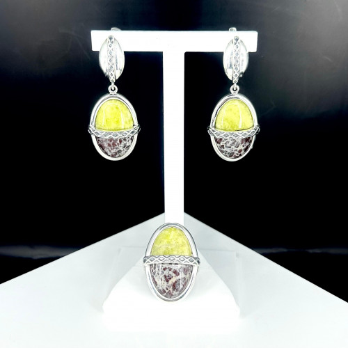 Серьги с10114 (15.72 г), серебро,  Зелено-желтый, Коричневый Лизардит, Яшма купить в интернет-магазине Циркон С