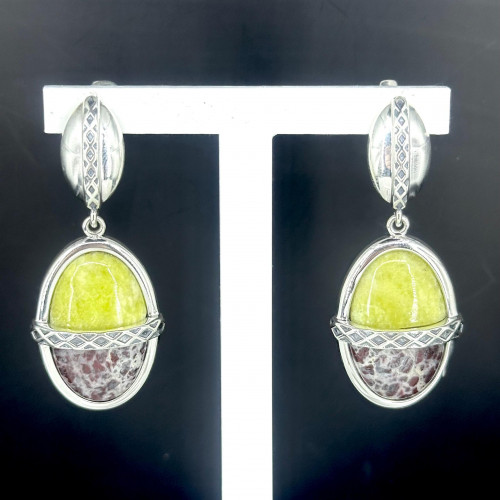 Серьги с10114 (15.72 г), серебро,  Зелено-желтый, Коричневый Лизардит, Яшма купить в интернет-магазине Циркон С