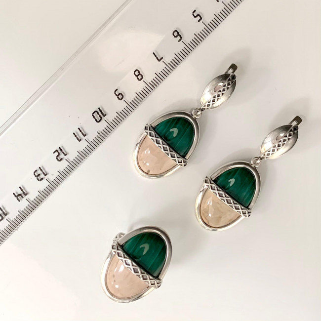 Серьги с10114 (16.89 г), серебро, зеленый, бежевый, малахит, яшма купить в интернет-магазине Циркон С
