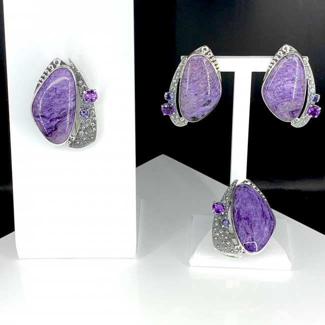 Серьги с10139 (23.54 г), серебро, фиолетовый, синий, аметист, иолит, чароит купить в интернет-магазине Циркон С