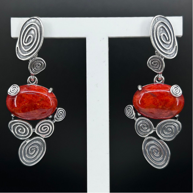 Серьги с10155 (14.63 г), серебро, красный, коралл губч. купить в интернет-магазине Циркон С