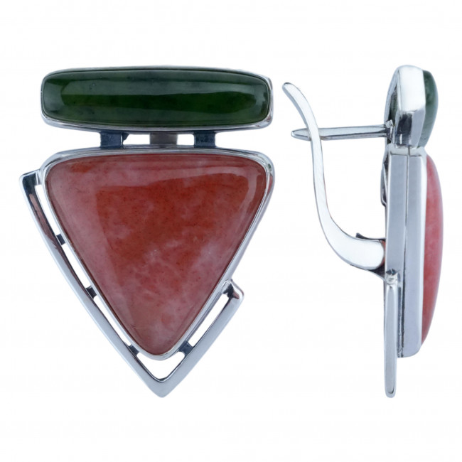 Серьги с10157 (13.40 г), серебро, зеленый, коричневый, нефрит, халцедон купить в интернет-магазине Циркон С