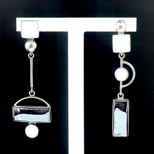 Серьги с10163 (10.55 г), серебро, стальной, белый, гематит (имит), кахолонг (имит) купить в интернет-магазине Циркон С