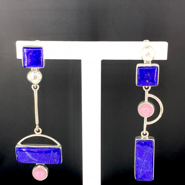 Серьги с10163 (11.60 г), серебро, синий, розовый, лазурит, тулит купить в интернет-магазине Циркон С