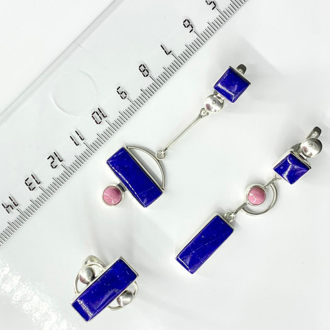 Серьги с10163 (11.60 г), серебро, синий, розовый, лазурит, тулит купить в интернет-магазине Циркон С