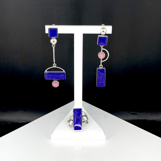 Серьги с10163 (11.60 г), серебро, синий, розовый, лазурит, тулит купить в интернет-магазине Циркон С