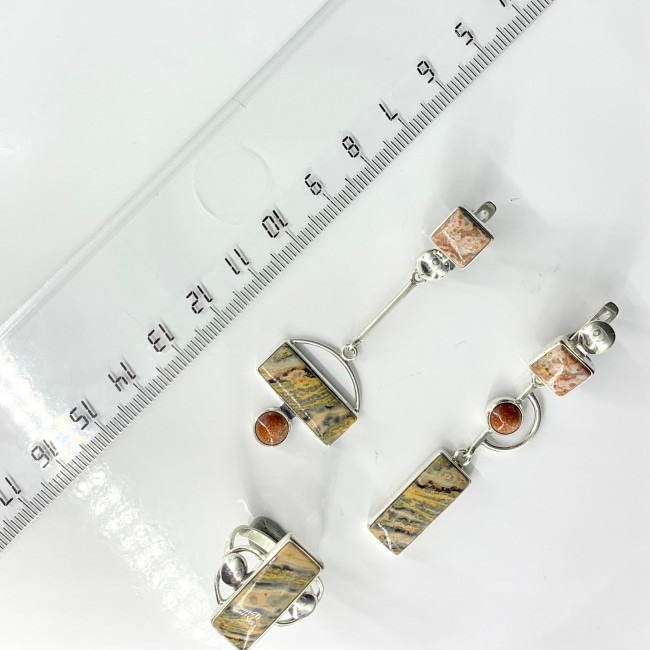 Серьги с10163 (10.60 г), серебро, рыжий, серо-розовый, авантюрин (имит), яшма купить в интернет-магазине Циркон С