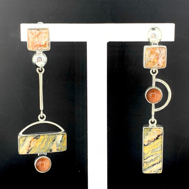 Серьги с10163 (10.60 г), серебро, рыжий, серо-розовый, авантюрин (имит), яшма купить в интернет-магазине Циркон С