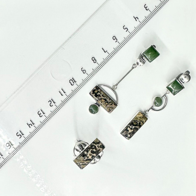 Серьги с10163 (10.99 г), серебро, зеленый, серо-желтый, нефрит, яшма купить в интернет-магазине Циркон С