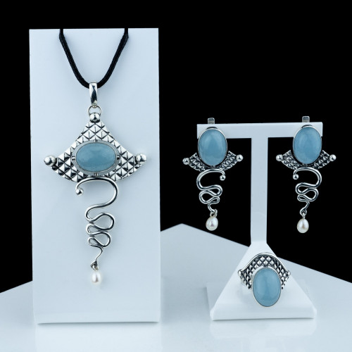 Серьги с10183 (18.90 г), серебро,  Голубой, Белый Аквамарин, Жемчуг культ. купить в интернет-магазине Циркон С