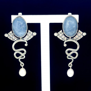 Серьги с10183 (18.90 г), серебро,  Голубой, Белый Аквамарин, Жемчуг культ. купить в интернет-магазине Циркон С