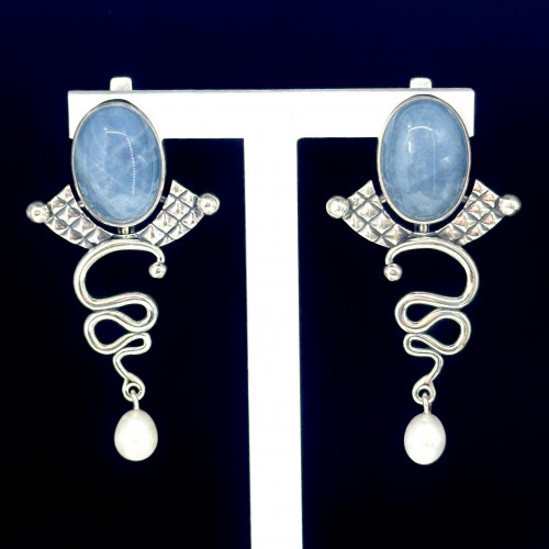 Серьги с10183 (18.90 г), серебро,  Голубой, Белый Аквамарин, Жемчуг культ. купить в интернет-магазине Циркон С