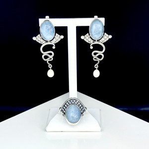 Серьги с10183 (18.90 г), серебро,  Голубой, Белый Аквамарин, Жемчуг культ. купить в интернет-магазине Циркон С