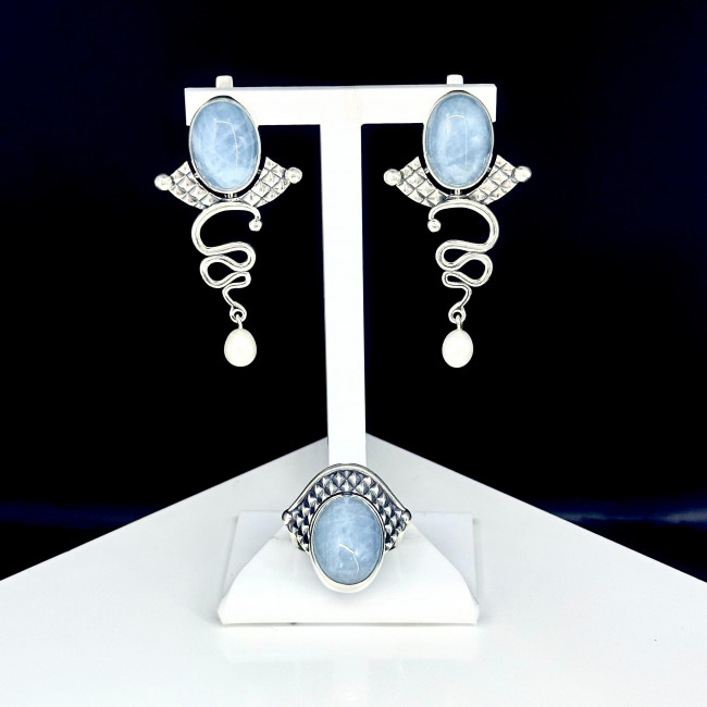 Серьги с10183 (18.90 г), серебро, голубой, белый, аквамарин, жемчуг культ. купить в интернет-магазине Циркон С