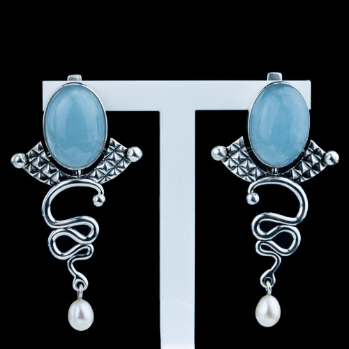 Серьги с10183 (18.90 г), серебро,  Голубой, Белый Аквамарин, Жемчуг культ. купить в интернет-магазине Циркон С