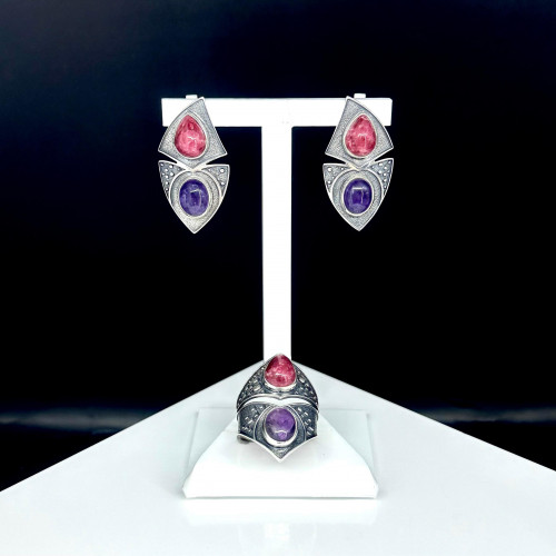 Серьги с10185 (11.97 г), серебро,  Фиолетовый, Розово-бордовый Аметист, Тулит купить в интернет-магазине Циркон С