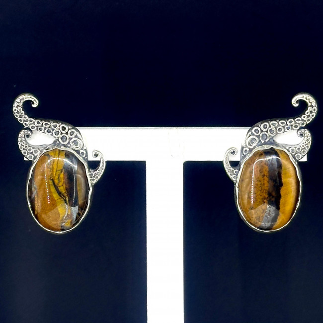 Серьги с10203 (11.44 г), серебро, золотисто-коричневый, тигровый глаз купить в интернет-магазине Циркон С