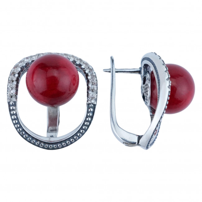 Серьги с10209 (13.32 г), серебро, красный, белый, коралл (имит), топаз купить в интернет-магазине Циркон С