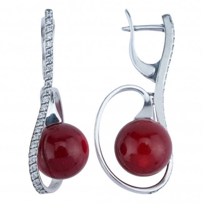 Серьги с10211 (9.74 г), серебро, красный, бесцветный, коралл (имит), фианит купить в интернет-магазине Циркон С