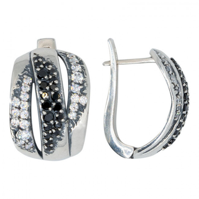 Серьги с10220 (8.20 г), серебро, черный, бесцветный, фианит купить в интернет-магазине Циркон С