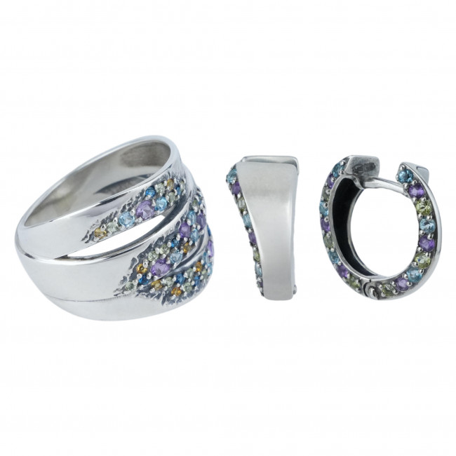 Серьги с10226 (2.58 г), серебро, фиолетовый, голубой, зелено-желтый, аметист, топаз скай, хризолит купить в интернет-магазине Циркон С