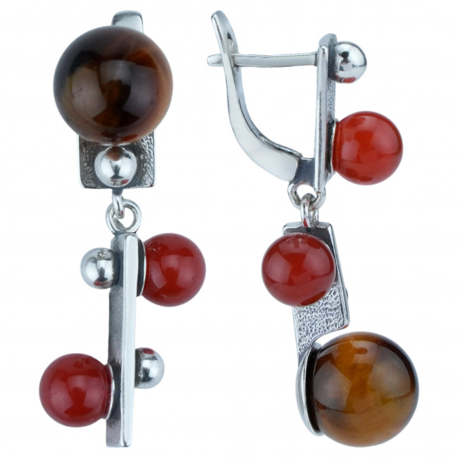 Серьги с10285 (11.27 г), серебро, коричневый, золотисто-коричневый, сердолик, тигровый глаз купить в интернет-магазине Циркон С