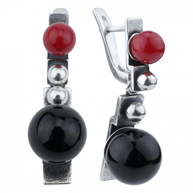 Серьги с10286 (10.00 г), серебро, черный, красный, агат, коралл (имит) купить в интернет-магазине Циркон С