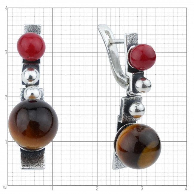 Серьги с10286 (9.92 г), серебро, красный, золотисто-коричневый, коралл (имит), тигровый глаз купить в интернет-магазине Циркон С