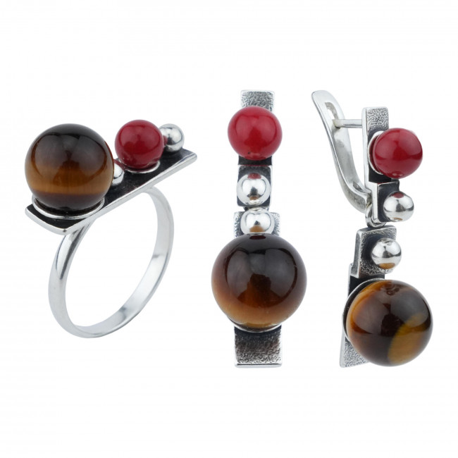 Серьги с10286 (9.92 г), серебро, красный, золотисто-коричневый, коралл (имит), тигровый глаз купить в интернет-магазине Циркон С